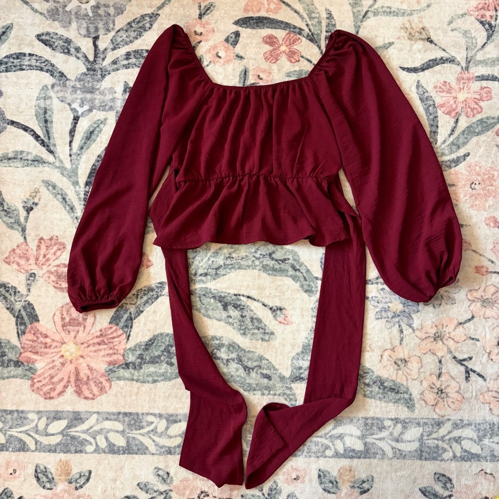 Altar’d State Women’s Burgundy Peplum Long-Sleeve Top - Picture 5 of 8
